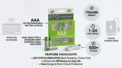 Infographic for Smartoools RB20 AAA batteries showing 750mWh capacity, 1-2 hour fast charging, and 500 cycle life.