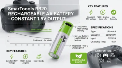Infographic illustrating the direct USB-C charging feature of SmarToools RB20 batteries, showing a 1.5 to 2-hour charge time and compatibility with various USB power sources.