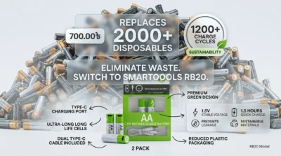 Infographic comparing the 700 Taka cost of SmarToools RB20 batteries to the waste of 2000 disposable batteries, highlighting long-term savings and environmental benefits.