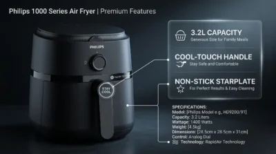 Detailed infographic of the Philips NA110/00 showing the cool-touch handle and non-stick basket design.