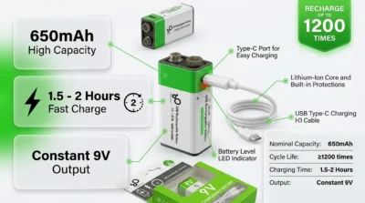 Infographic showing Smartoools 9V rechargeable battery features: 650mAh capacity and 1.5-2 hour fast charging via Type-C.