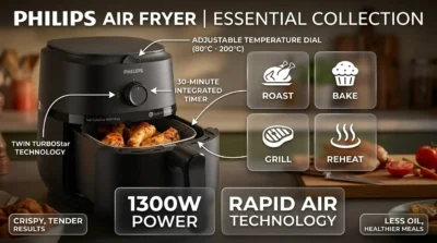 Infographic demonstrating the 1300W performance and versatile cooking modes of the Philips NA110/00 air fryer.
