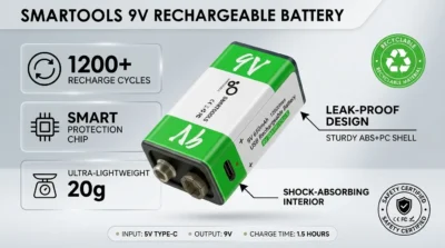 Infographic highlighting Smartoools 9V battery safety: 1200 recharge cycles, smart protection chip, and leak-proof 20g design.