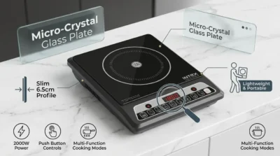 Infographic of the Intex Indo Bolt B induction cooker highlighting its micro-crystal glass plate, slim design, and digital LED display.
