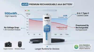 Infographic showing the constant 1.5V voltage stability of AIVR 900mWh rechargeable batteries compared to traditional 1.2V Ni-MH cells.