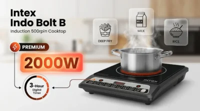 Performance infographic for the Intex Indo Bolt B induction cooker showing 2000W power and 7 preset cooking modes.