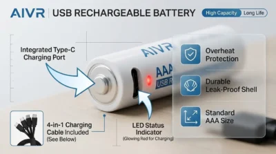 Detailed technical infographic highlighting the Type-C port, LED charging indicator, and safety-focused design of the AIVR AAA rechargeable battery.