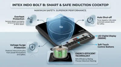 Safety features infographic for Intex Indo Bolt B highlighting overheat protection, auto shut-off, and energy efficiency.