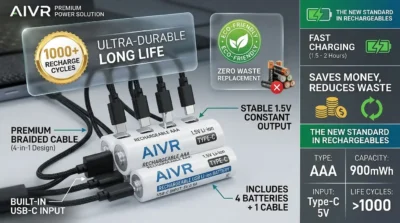 Sustainable product infographic displaying the AIVR 4-pack batteries with a 4-in-1 charging cable, emphasizing its 1000+ cycle life and environmental impact.