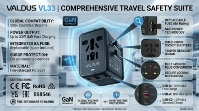 Safety infographic for Valdus VL33 showing its 8A fuse, fire-resistant material, and global certifications.