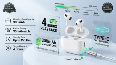 Infographic detailing the 4-hour playback time, 300mAh case capacity, and Type-C charging for Hoco EW76 earbuds.