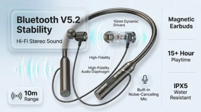 E-commerce infographic for G7 Neckband showcasing high-fidelity sound quality, Bluetooth 5.2 connectivity, and noise-canceling microphone features.