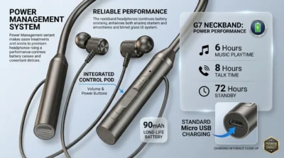 Product specification infographic for G7 Neckband detailing 6 hours of music time, 8 hours of talk time, and 72 hours of standby with a 90mAh battery.