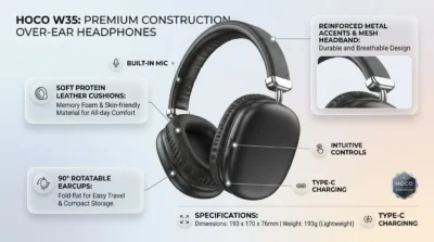 Hoco W35 design infographic highlighting rotatable earcups, protein leather cushions, and lightweight build.