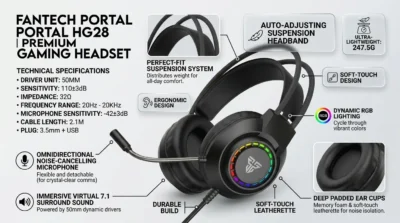 Infographic highlighting the 247.5g lightweight design and auto-adjusting headband of the Fantech Portal HG28 headset