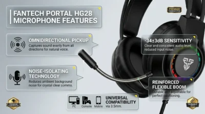 E-commerce infographic featuring the flexible omnidirectional noise-isolating microphone of the Fantech Portal HG28.