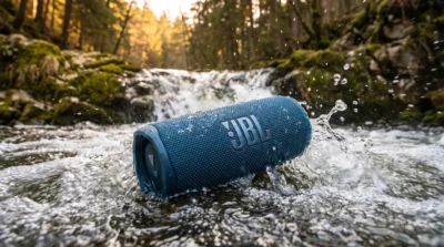 Blue JBL speaker splashing in a forest stream, showcasing the durability of portable waterproof speakers.