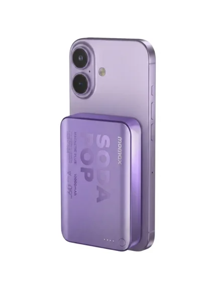 Momax 1-Power Pass Soda Pop Magnetic Wireless Power Bank 10000mah - blue attched with a iphone 16