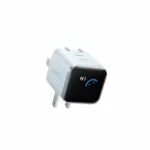 Light blue Anker Nano 45W GaN Fast Charger with Smart Display (A121D) showing a smiling face on a sleek black screen.