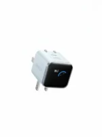 Light blue Anker Nano 45W GaN Fast Charger with Smart Display (A121D) showing a smiling face on a sleek black screen.