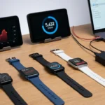 Multiple cheap smartwatches on a table with testing setup, one showing heart rate, one showing steps, one showing SpO2