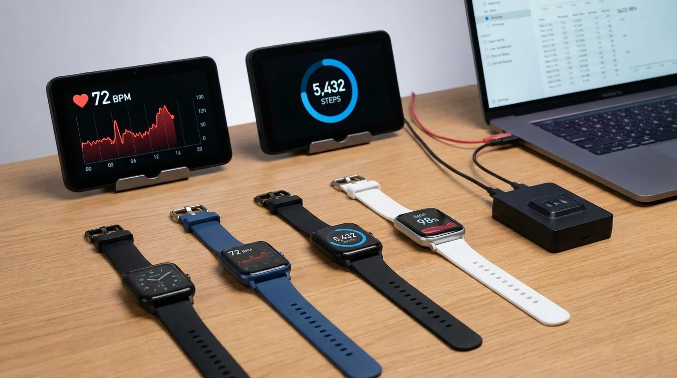 Multiple cheap smartwatches on a table with testing setup, one showing heart rate, one showing steps, one showing SpO2