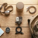 Flat lay of travel gadgets on a wooden table including power bank, headlamp, Bluetooth speaker, action camera, cables, and backpack
