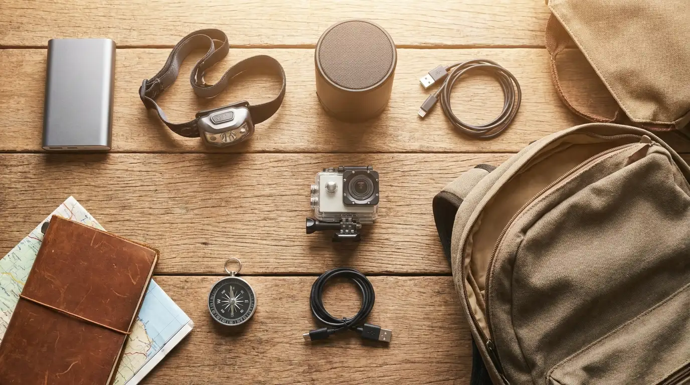 Flat lay of travel gadgets on a wooden table including power bank, headlamp, Bluetooth speaker, action camera, cables, and backpack
