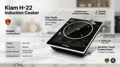 E-commerce infographic showing the Kiam H-22 Induction Cooker's polished black crystal glass top and responsive touch control panel in a modern kitchen setting.