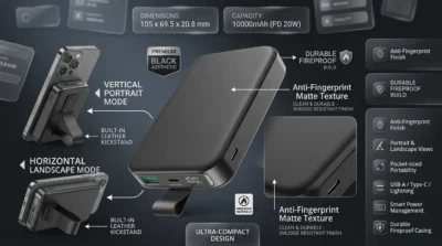 Joyroom JR-PBM11 black power bank design showing the leather kickstand, matte finish, and compact dimensions.