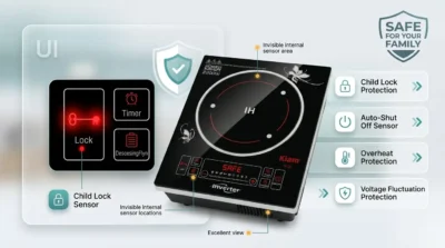 Technical infographic of the Kiam H-22 Induction Cooker illustrating its 2200W power, inverter energy-saving technology, and 8 smart cooking modes.