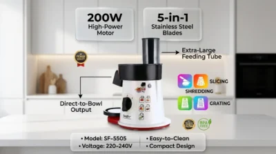 Infographic for Sonifer SF-5505 Salad Maker showing its 200W motor and 5-in-1 stainless steel blades for fast food prep.