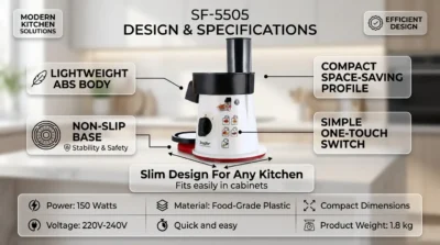 Product infographic showcasing the compact and space-saving design of the Sonifer SF-5505 on a kitchen countertop.