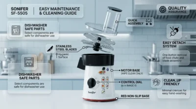 Infographic illustrating the detachable, dishwasher-safe components and easy cleaning process of the Sonifer SF-5505 Salad Maker.
