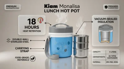Infographic showing Kiam Monalisa Lunch Hot Pot with 18-hour heat retention and vacuum insulation features.