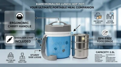 Infographic highlighting the ergonomic handle, shoulder strap, and BPA-free material of the Kiam Monalisa Lunch Hot Pot.