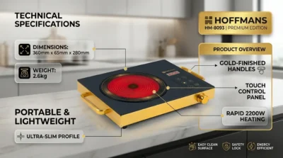 E-commerce infographic illustrating the portable dimensions and lightweight design of the Hoffmans HM-8093 infrared cooker with gold handles.