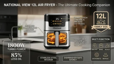 Infographic of National View Air Fryer showing 360-degree rapid air circulation technology for healthy oil-free cooking.