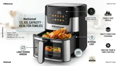 National View 12L Air Fryer infographic highlighting its large capacity for family-sized meals and transparent viewing window.