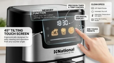 Close-up infographic of the National View Air Fryer digital touch panel with smart presets and memory function.