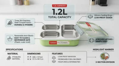 Infographic showing the three-compartment interior of the Tedemei 1.2L stainless steel lunch box with labels highlighting meal organization.