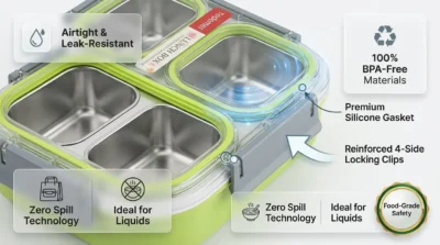 Close-up infographic of the Tedemei lunch box lid showing the airtight seal and locking clips with food-safe certification badges.
