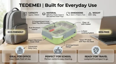 Lifestyle infographic of the Tedemei lunch box illustrating its durability and portability for work and school environments.