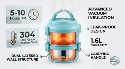 Infographic showing the thermal insulation of the Tedemei 1.6L lunch box, highlighting 5-10 hours of heat retention and 304 stainless steel material.