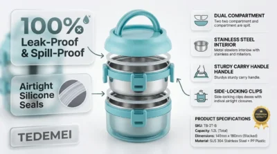 Technical infographic of the Tedemei lunch box highlighting the double-layer stackable design, silicone seals, and leak-proof locking clips.