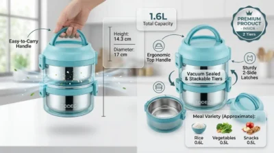 Lifestyle infographic of the Tedemei 1.6L lunch box showing its portability features and ergonomic handle in an office setting.
