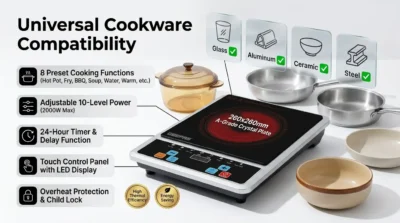 Infographic showing Geepas GIC6101N infrared cooker compatibility with various cookware types like glass, aluminum, and ceramic on a crystal glass plate.
