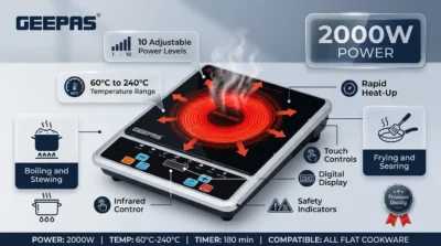 Infographic highlighting the 2000W power and even heat distribution of the Geepas GIC6101N infrared cooker with temperature range details.
