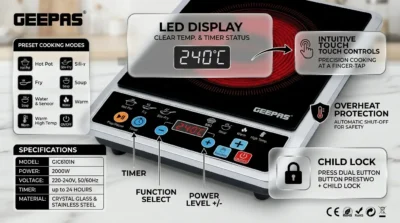 Infographic highlighting the 2000W power and even heat distribution of the Geepas GIC6101N infrared cooker with temperature range details.
