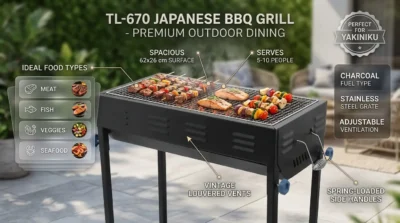 Portable TL-670 BBQ grill infographic showcasing its large 62x26cm cooking surface and 10-person capacity for outdoor events.